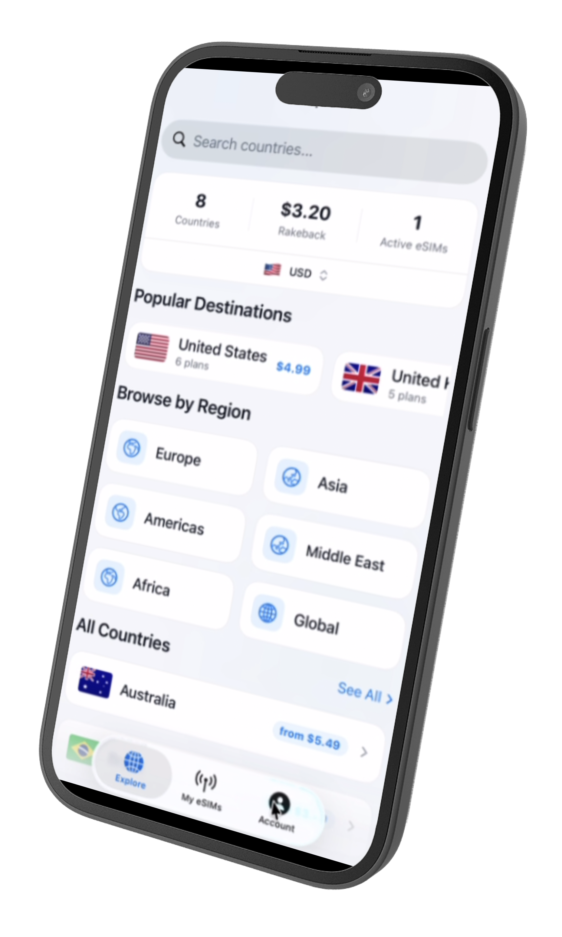 SimBee app showing destinations and data packages